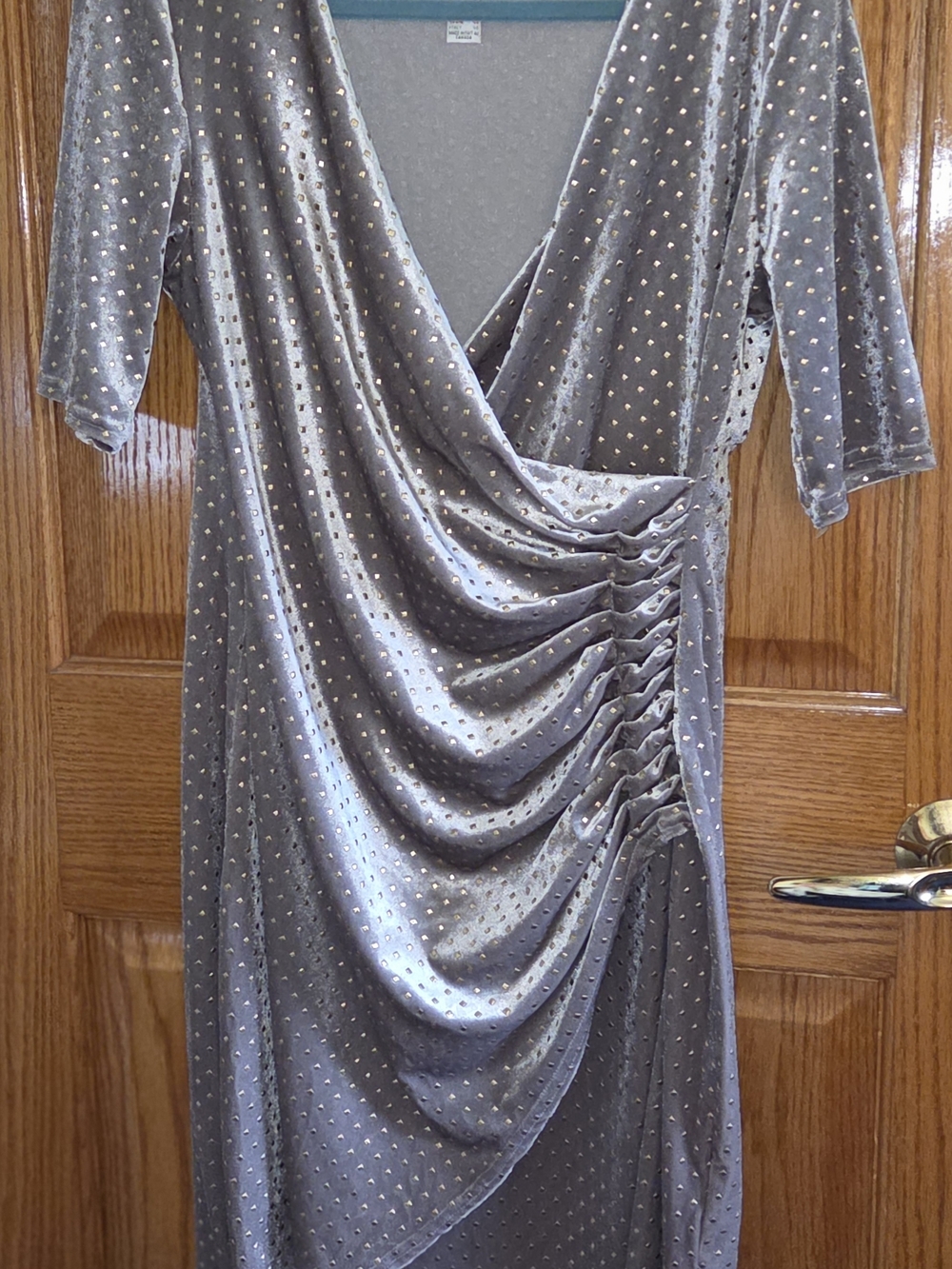 Joseph Ribkoff Silver Velvet Midi Dress with Metallic Dot Detail